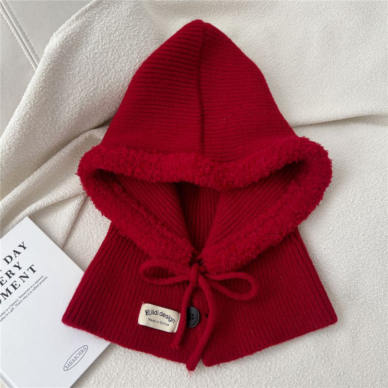 Fashion 8k Red Wool Knitted Neck Gaiter Integrated Hood With Hood