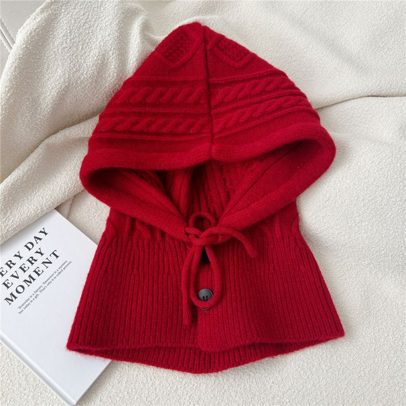 Fashion 5k Red Wool Knitted Button-down Hood With Scarf