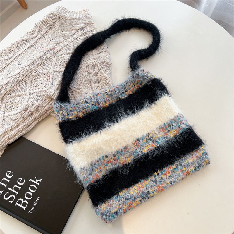 Fashion Striped Black Furry Striped Knitted Large-capacity Shoulder Bag