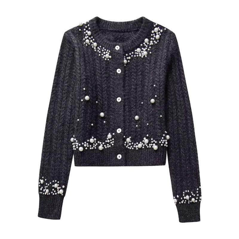 Fashion Black Polyester Beaded Knit Crew Neck Sweater