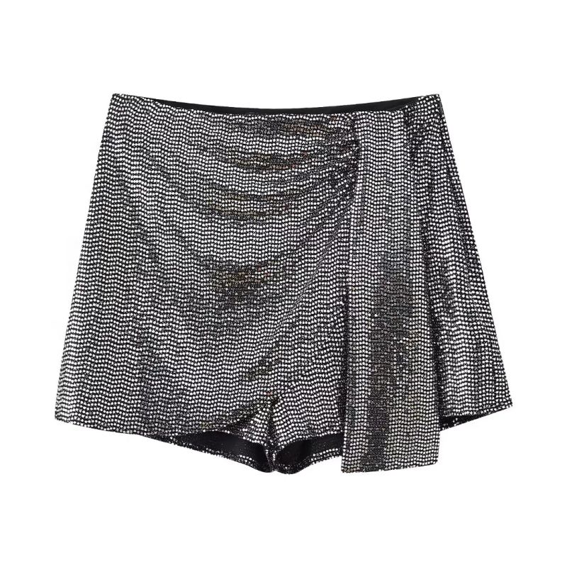Fashion Silver Sequined Double-breasted Culottes