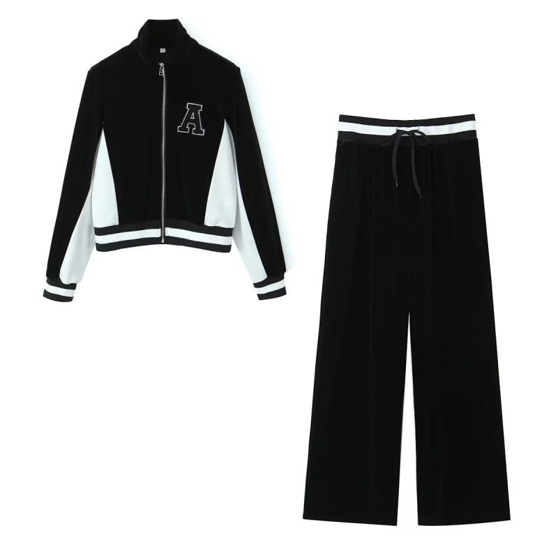 Fashion Black Polyester Velvet Patch Zipper Jacket Lace-up Straight-leg Trousers Set