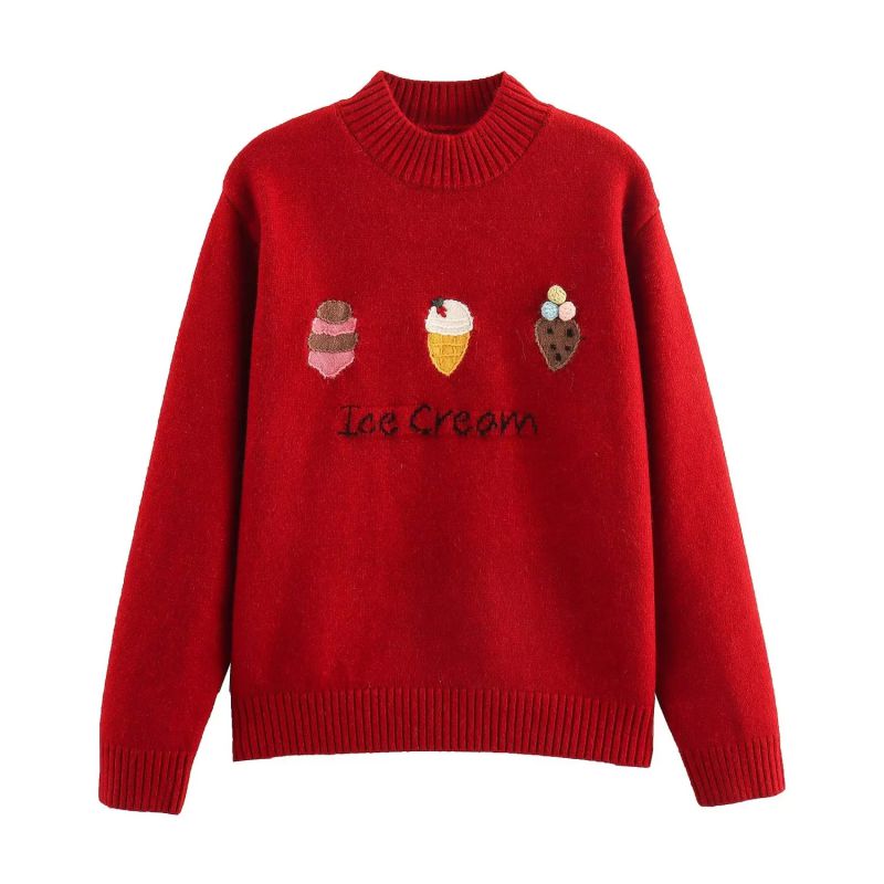 Fashion Red Ice Cream Jacquard Knit Sweater