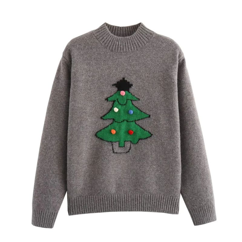 Fashion Grey Christmas Tree Jacquard Knit Sweater