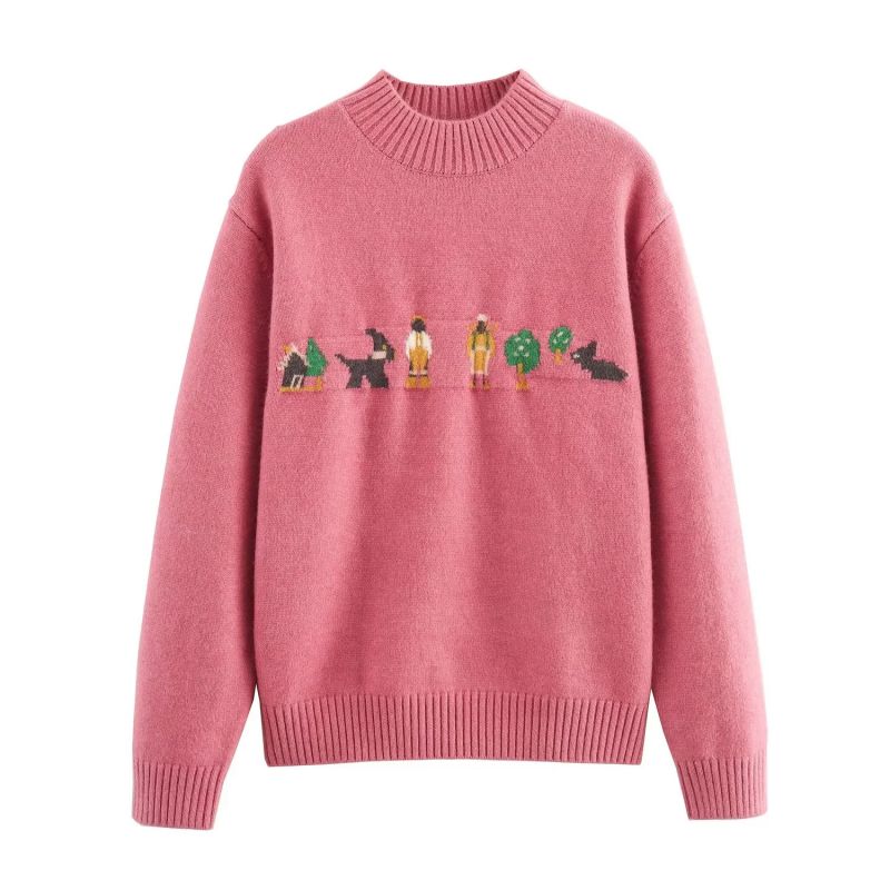 Fashion Pink Purple Cartoon Jacquard Knitted Sweater