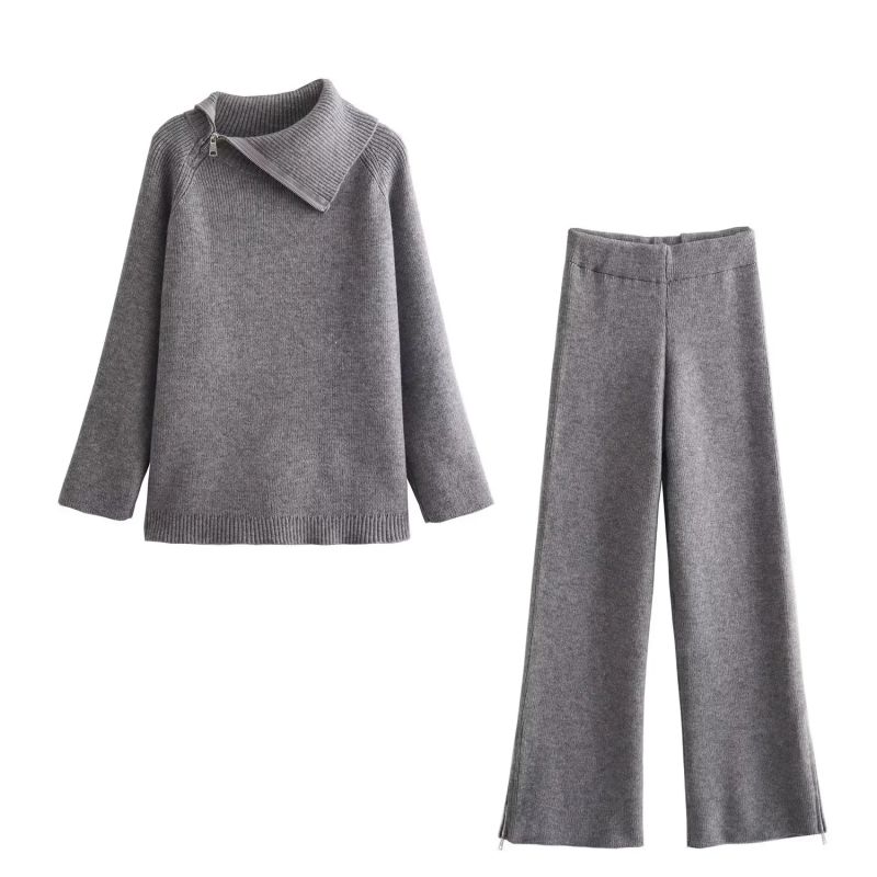 Fashion Grey Cashmere Knitted Turtleneck Zipper Sweater Wide-leg Trousers Suit