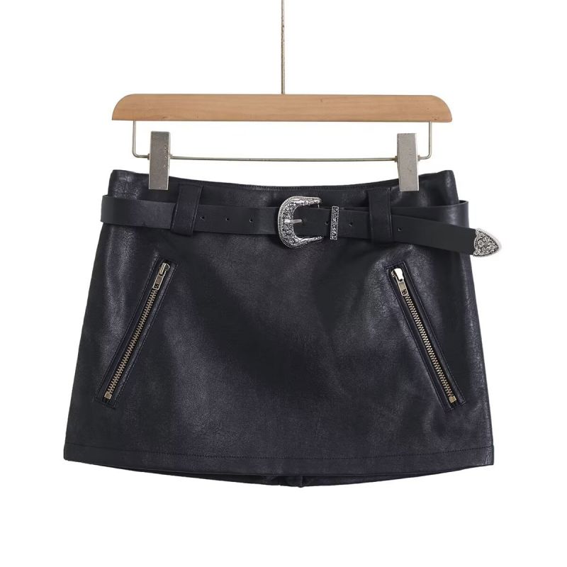 Fashion Black Polyester Double Zipper Straight Leather Skirt (with Safety Pants And Belt Included)