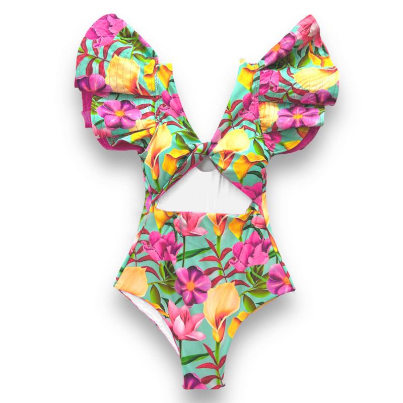 Fashion Red And Yellow Flowers On Green Background Polyester Printed Ruffle One-piece Swimsuit