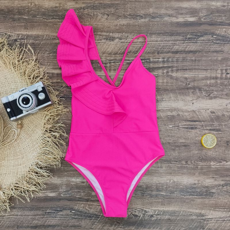 Fashion Pink Polyester One-shoulder Ruffled Seam One-piece Swimsuit