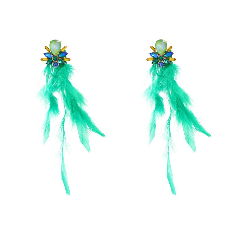 Fashion Green Alloy Diamond Feather Earrings