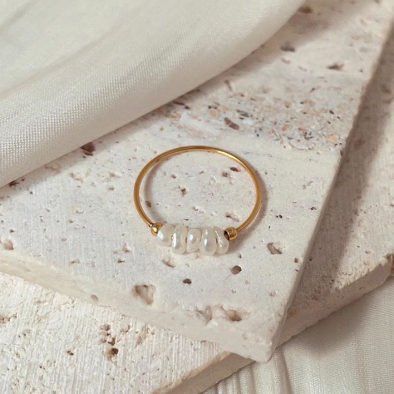 Fashion Gold-freshwater Pearl Titanium Steel Pearl Bead Ring