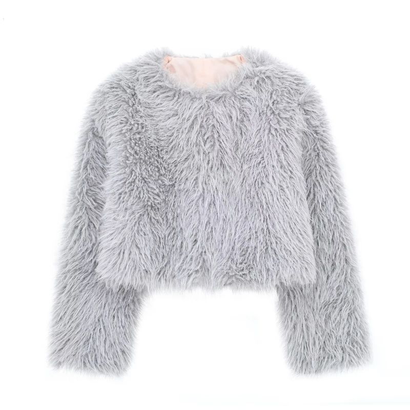 Fashion Grey Fur Crew Neck Coat