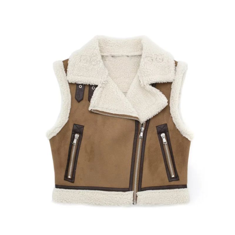 Fashion Brown Blended Lapel Multi-zip Vest Jacket