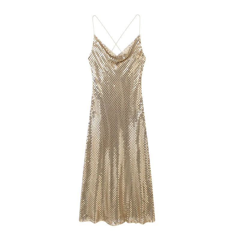 Fashion Gold Color Blended Sequin Halterneck Maxi Dress