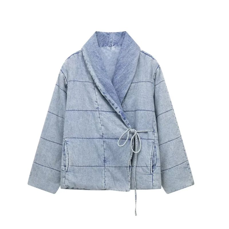 Fashion Blue Cotton Denim Lace-up Jacket