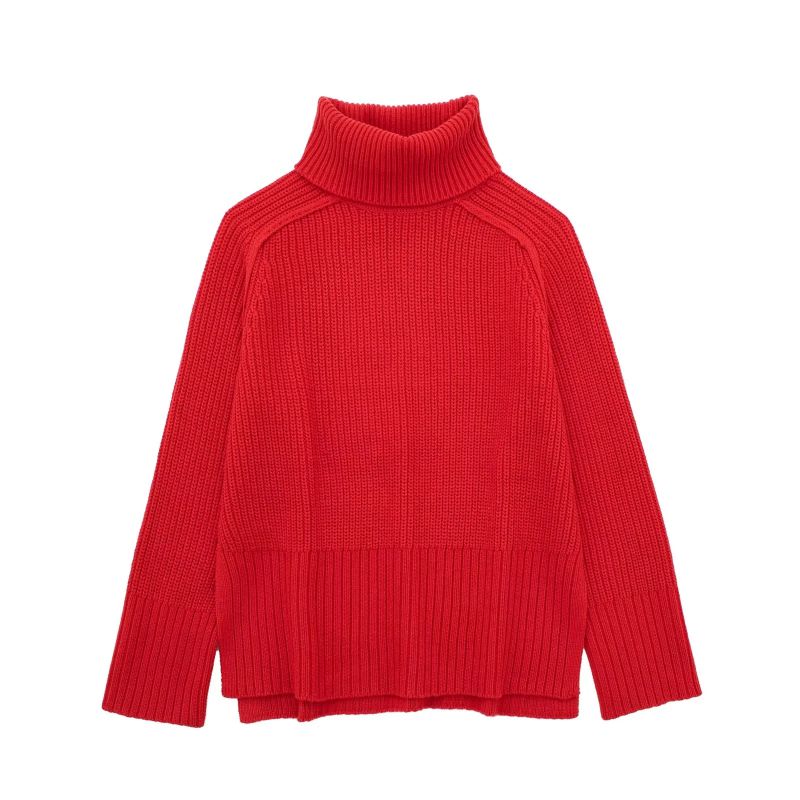 Fashion Red Long Sleeve Stand Collar Knitted Sweater