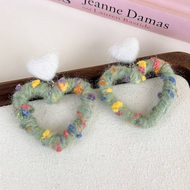 Fashion Green Rainbow Yarn Wrapped Love Earrings