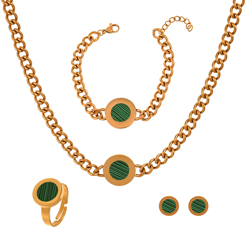 Fashion Green Titanium Steel Round Thick Chain Necklace Earrings Bracelet Ring 5-piece Set