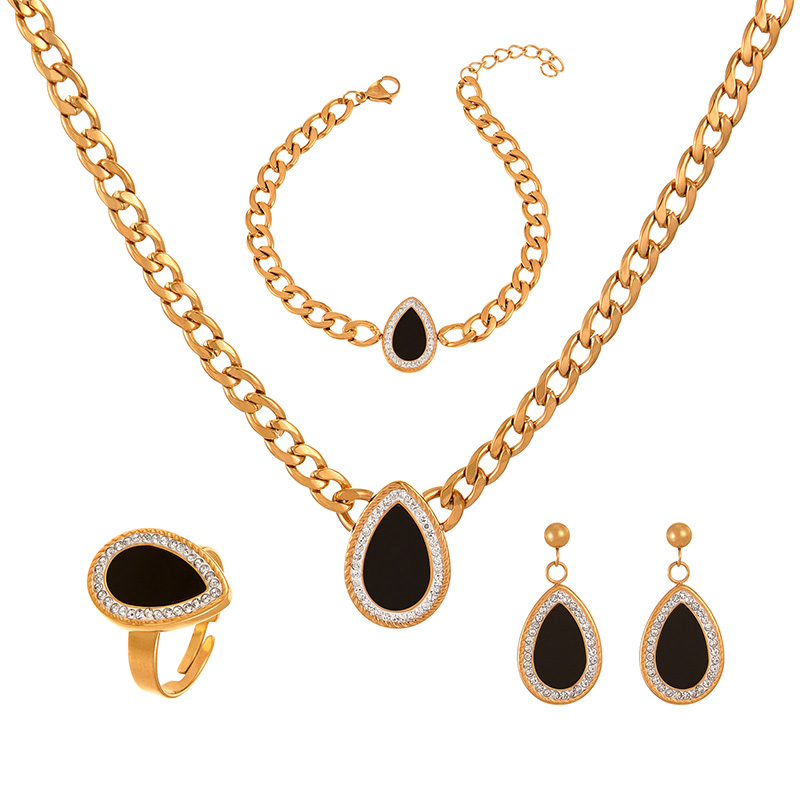 Fashion Black Titanium Steel Inlaid With Zirconium Droplets Thick Chain Necklace Earrings Bracelet Ring 5-piece Set