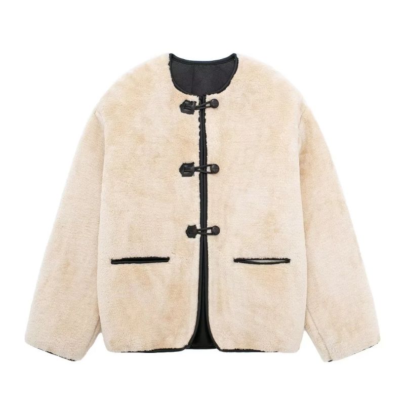 Fashion Beige Lambswool Buttoned Jacket