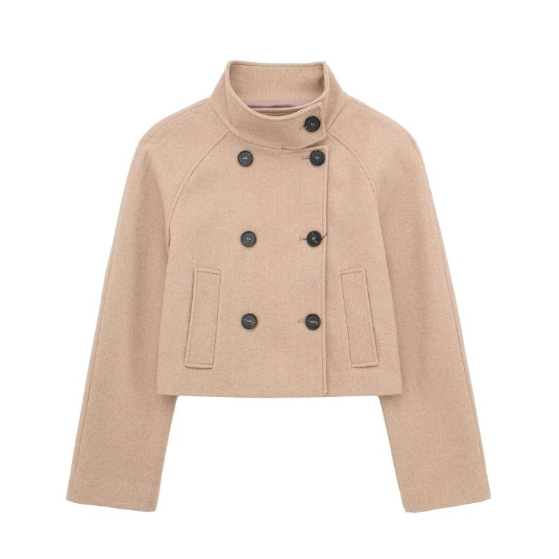 Fashion Khaki Wool Double-breasted Stand-collar Coat