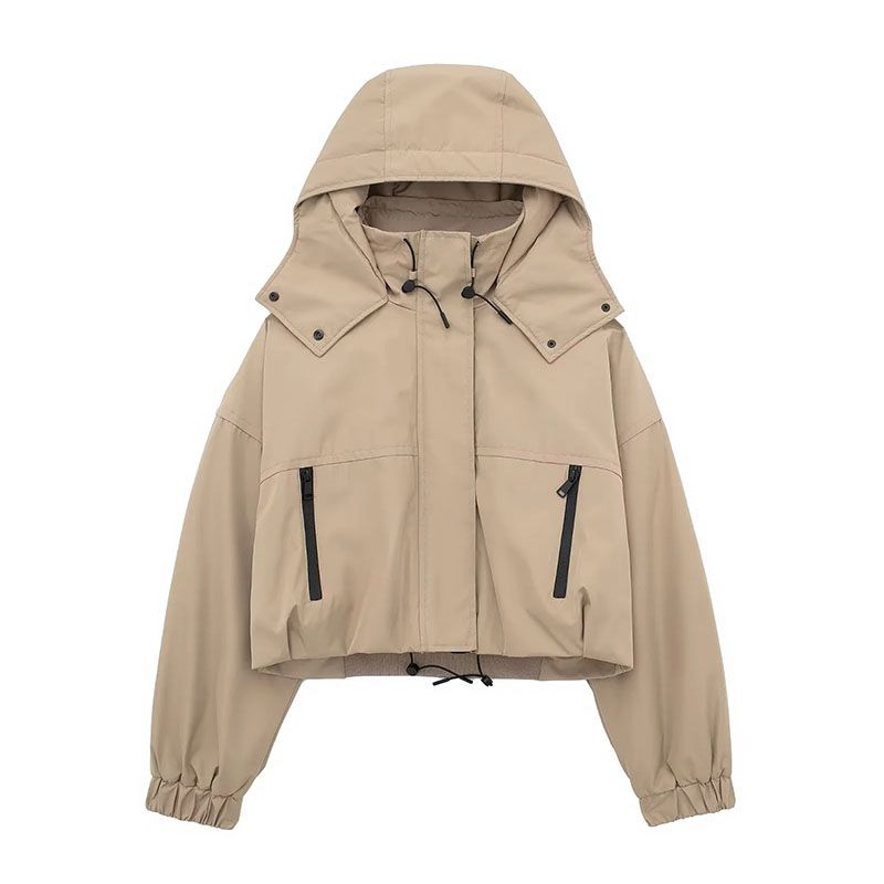 Fashion Khaki Blend Zippered Drawstring Hooded Jacket