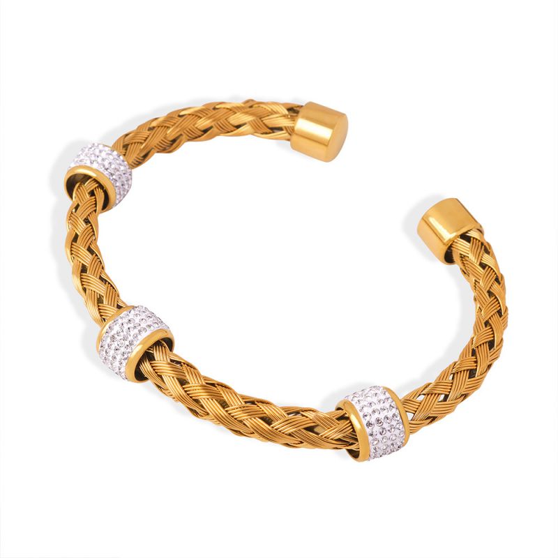 Fashion Gold Titanium Steel Diamond Ring Braided Hollow Open Bracelet