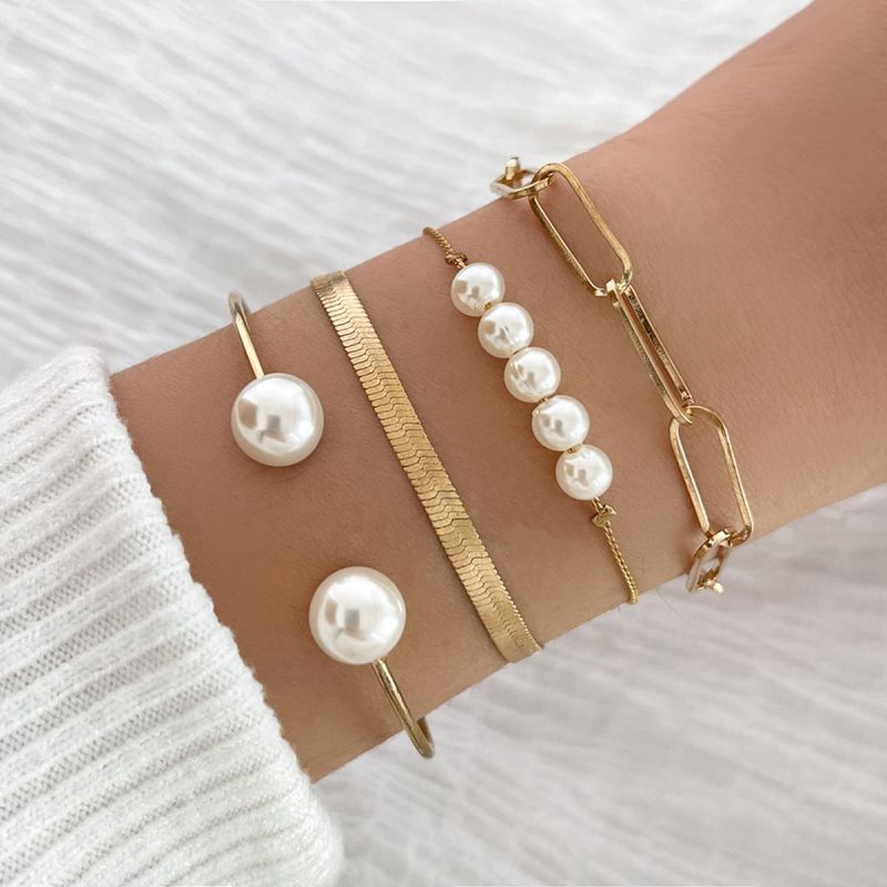 Fashion Gold Metal Geometric Chain Pearl Bracelet Set