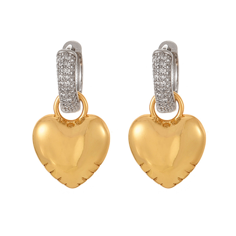 Fashion Golden 2 Copper Inlaid Zircon Heart Hoop Earrings