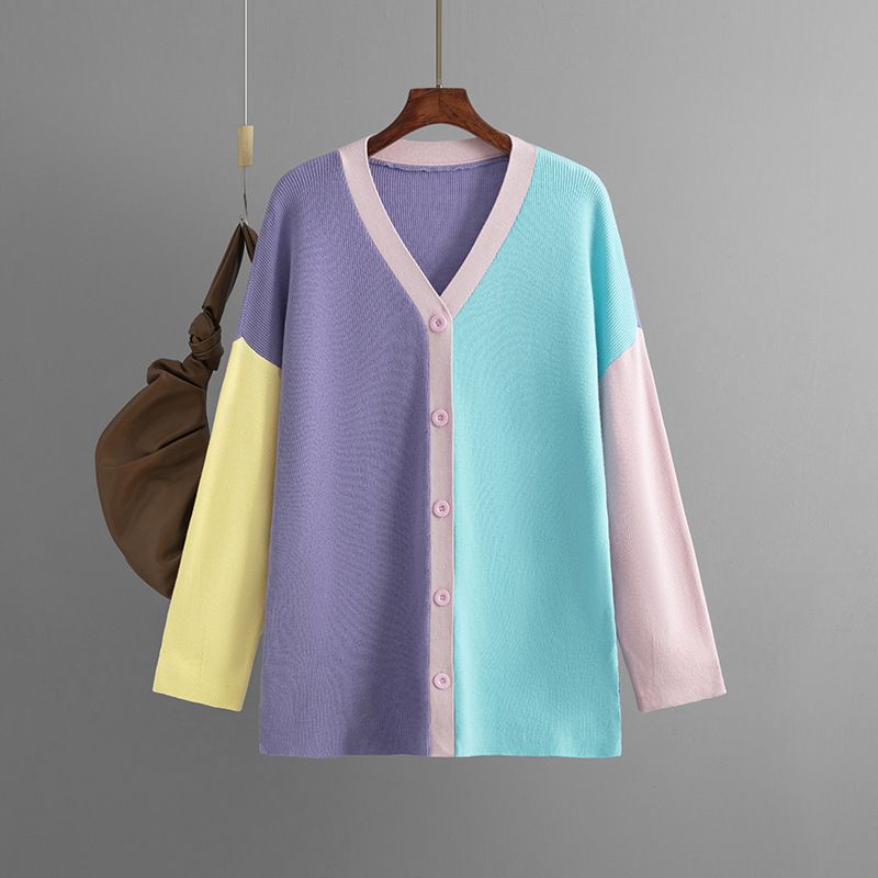 Fashion Purple Color Block Knitted Sweater Cardigan  Core Yarn