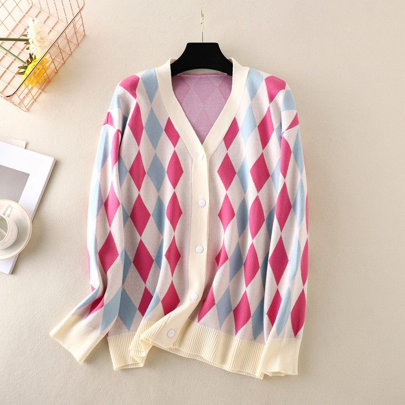 Fashion Pink And White Argyle Knitted Cardigan  Core Yarn