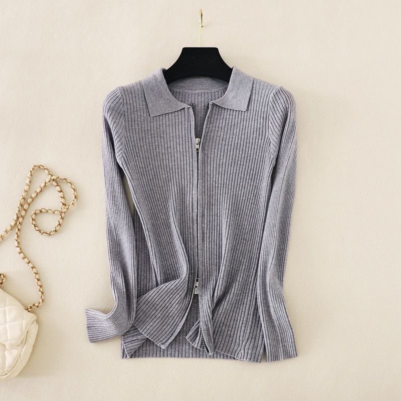 Fashion Grey Knitted Lapel Zipper Bottoming Shirt  Core Yarn