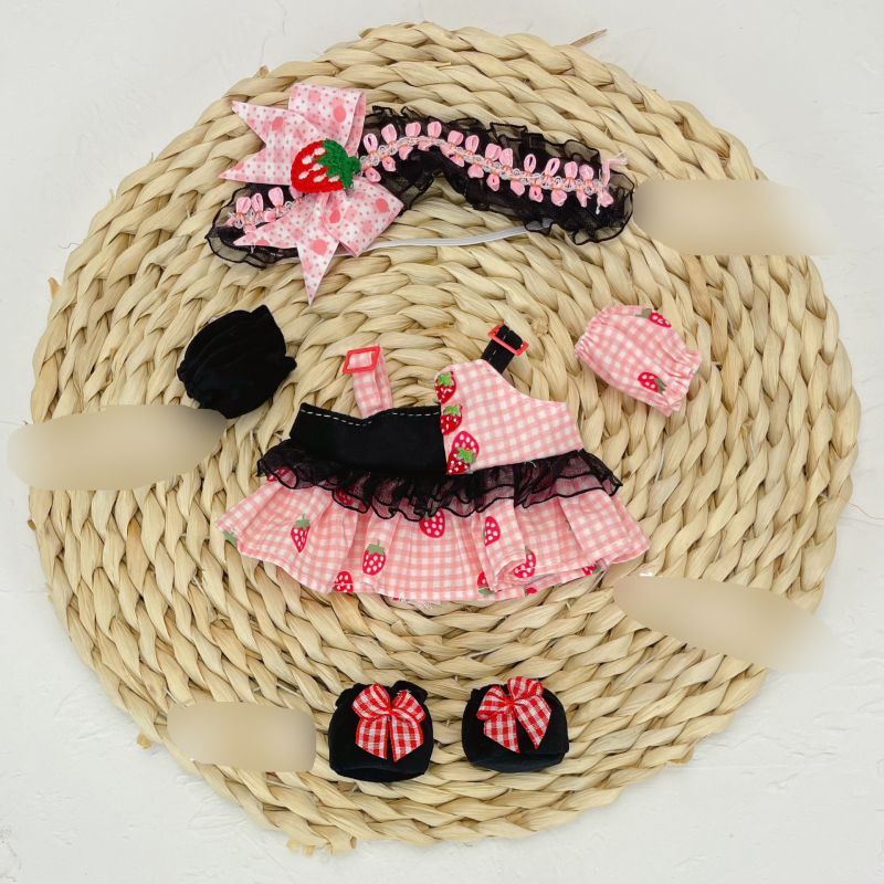 Fashion Strawberry Plaid Skirt Polyester Cartoon 20cm Doll Cotton Doll Clothes Set  Polyester