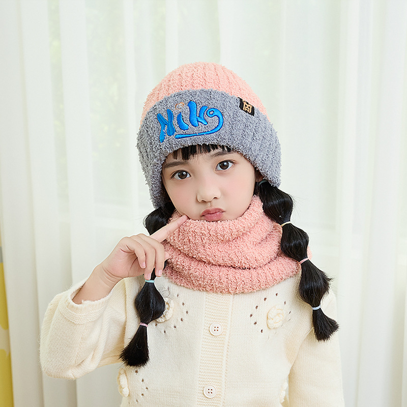 Fashion Pink Acrylic Knitted Letter Color-blocked Beanie And Scarf Set  Acrylic