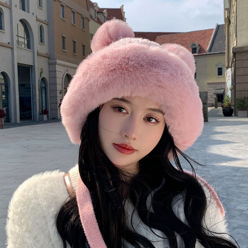 Fashion Adult Pink Polyester Bear Ears Knitted Hood  Polyester