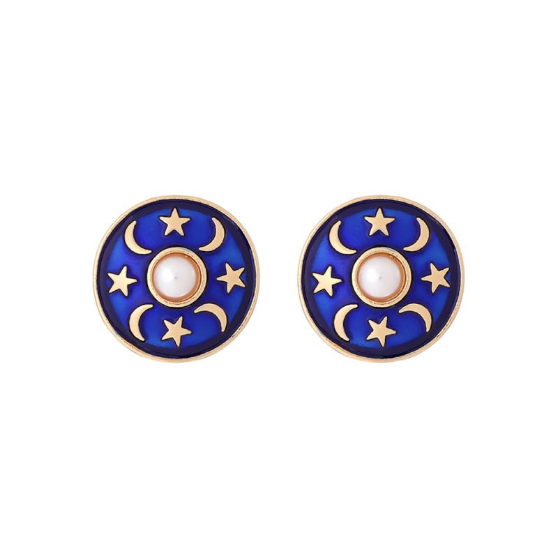 Fashion Blue Alloy Oil Dripping Star Moon Round Earrings