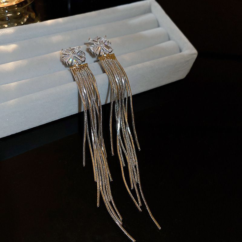 Fashion Silver Metal Zirconium Tassel Drop Earrings