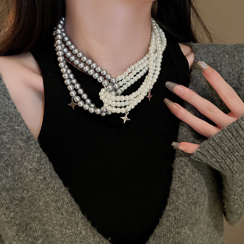 Fashion Necklace - White Gray Pearl Beaded Knotted Necklace