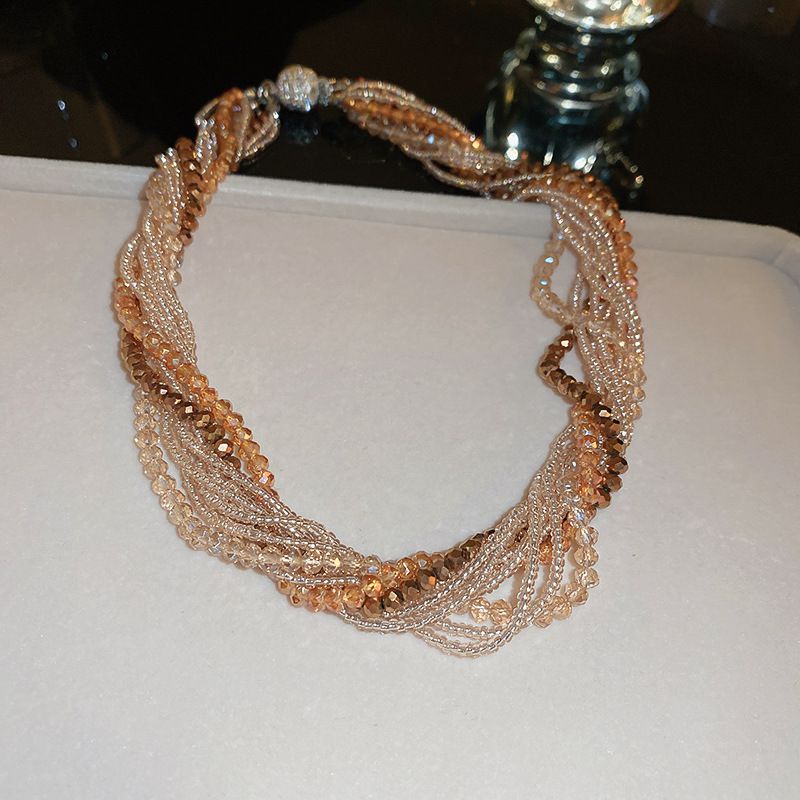 Fashion Necklace - Coffee Color Multi-layered Wrapped Crystal Beads And Diamond Necklace
