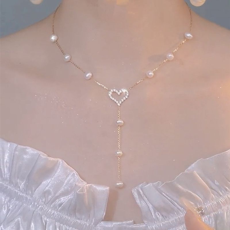 Fashion Necklace - Gold Geometric Diamond Love Pearl Necklace