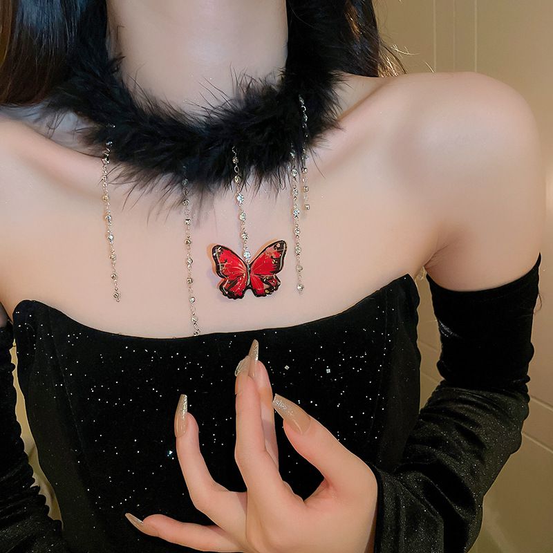 Fashion Necklace - Black Alloy Diamond Tassel Butterfly Feather Necklace