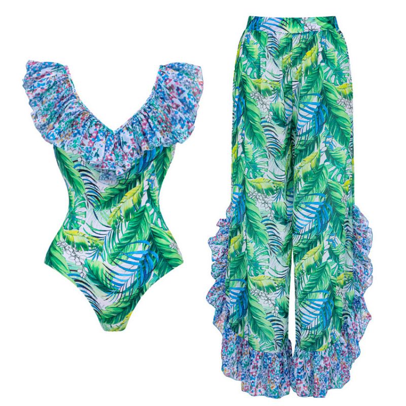 Fashion V-neck Ruffle One-piece Suit (pants) Polyester Printed One-piece Swimsuit Layered Wrap Suit