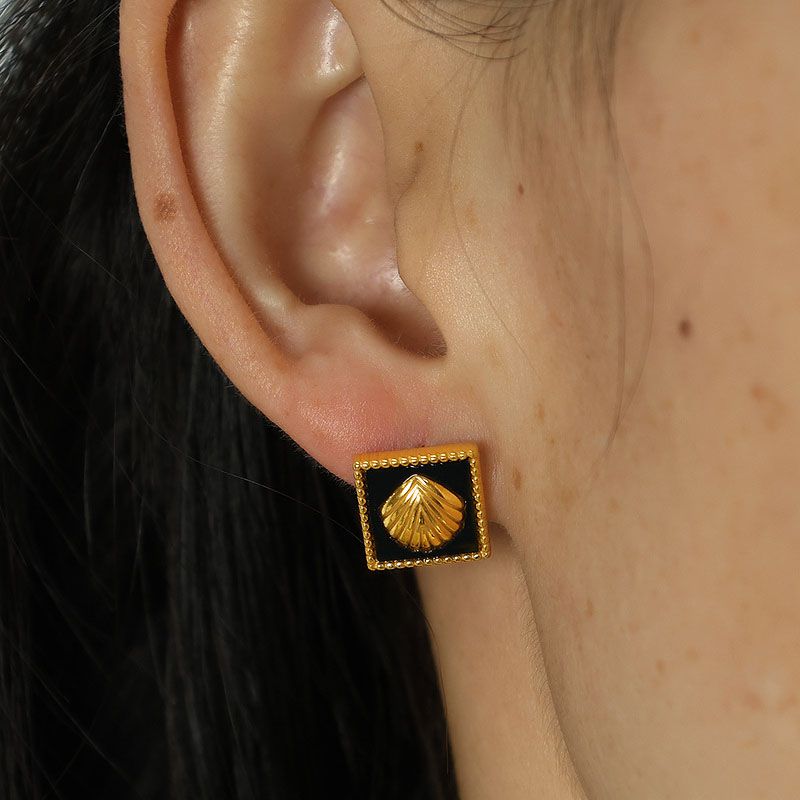 Fashion Black Acrylic Titanium Steel Embossed Shell Square Stud Earrings