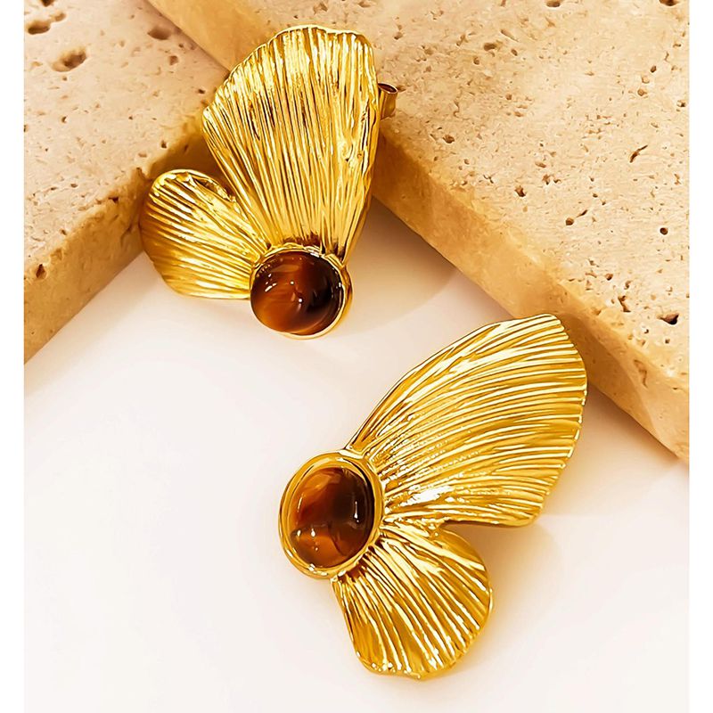Fashion Golden Wings Titanium Steel Geometric Natural Stone Wing Stud Earrings  Stainless Steel