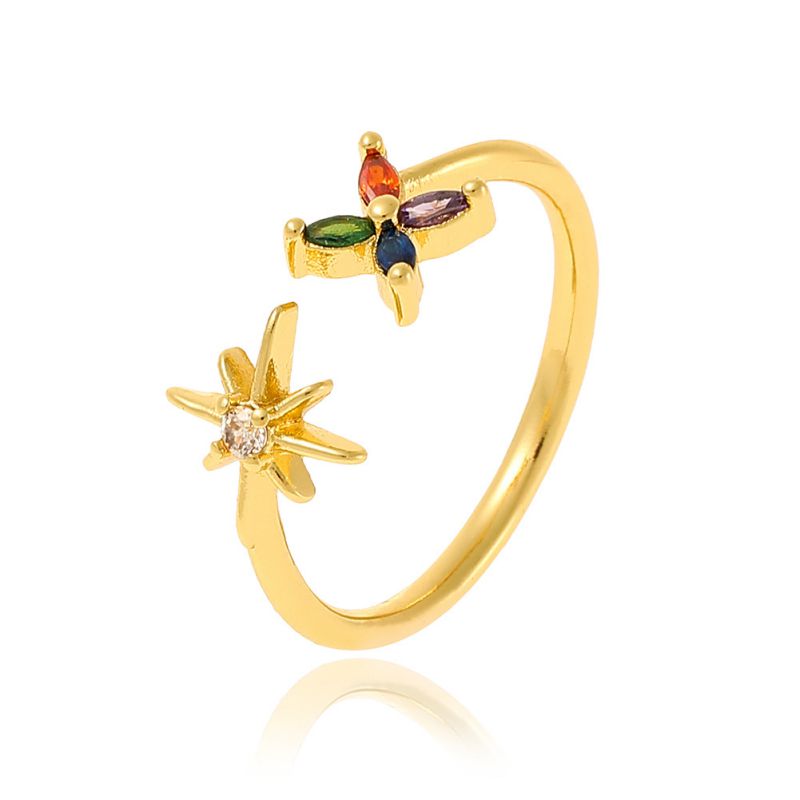 Fashion 9# Copper And Diamond Flower Open Ring  Copper