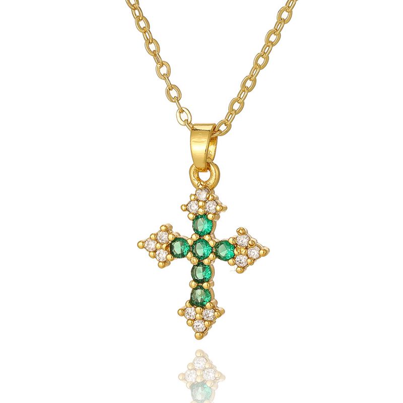 Fashion Green Copper Inlaid Zirconium Cross Necklace  Copper