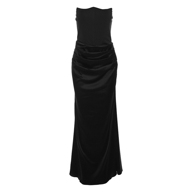 Fashion Black Strapless Pleated Evening Dress