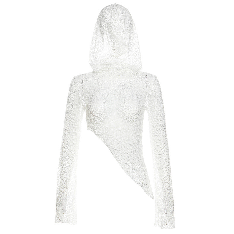 Fashion White Long-sleeved Hollow See-through Irregular Hooded T-shirt