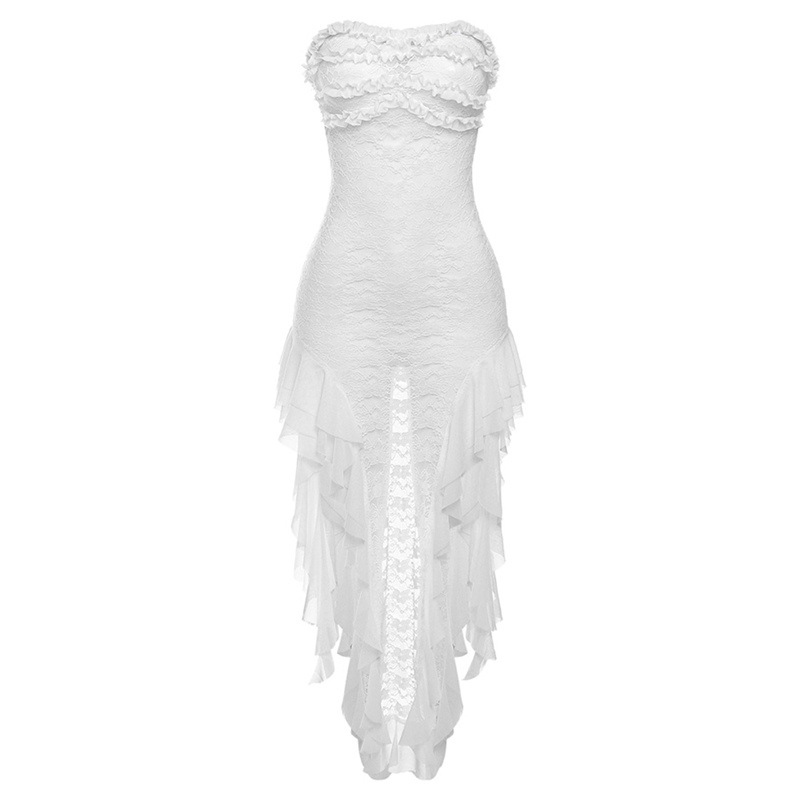 Fashion White Straight Neck See-through Lace Slit Dress