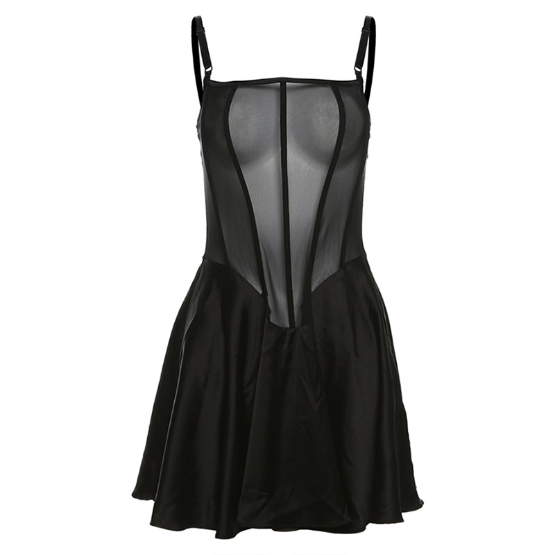 Fashion Black Strap See-through Mesh Dress